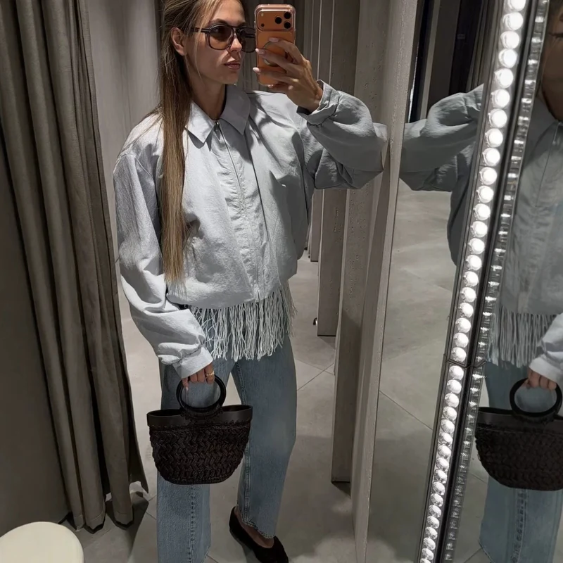 Damen Leichte Cropped‑Übergangsjacke mit Hemdkragen, Reißverschluss und elastischen Bündchen Drune