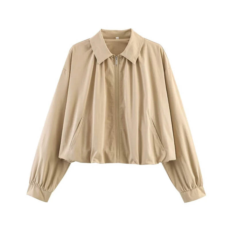 Damen Leichte Cropped‑Übergangsjacke mit Hemdkragen, Reißverschluss und elastischen Bündchen Drune