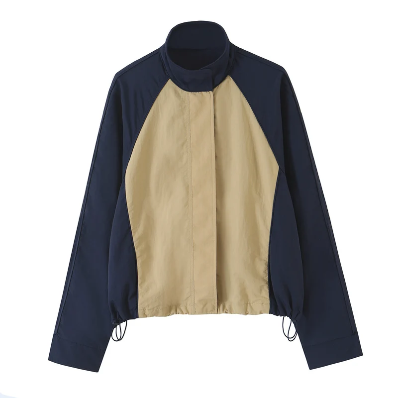 Damen Leichte Cropped-Übergangsjacke mit Funnelkragen, Kontrast-Einsätzen und Tunnelzug Drune