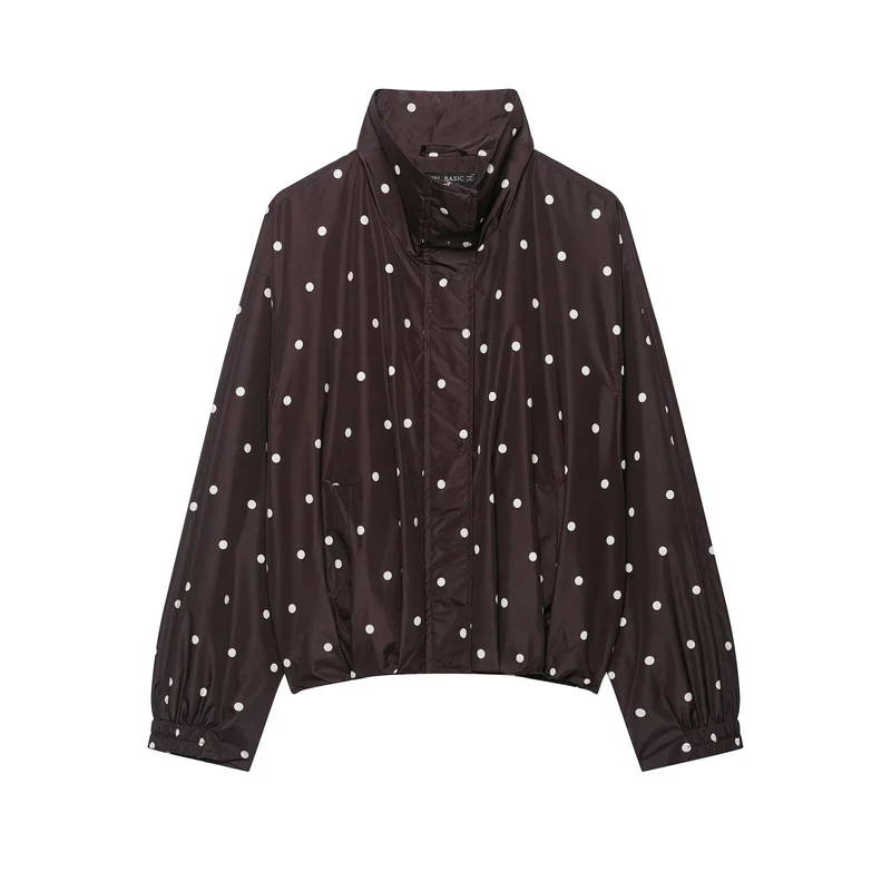 Damen Leichte Cropped-Regenjacke mit Stehkragen, Druckknopfleiste und Polka‑Dot-Design Drune
