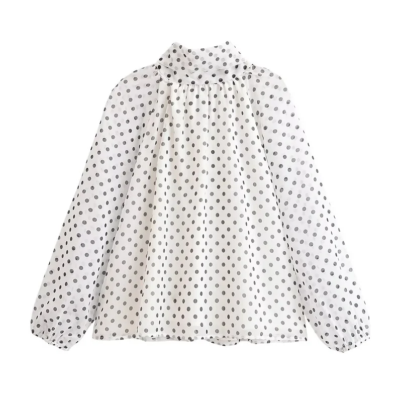 Damen Leichte Chiffonbluse mit Stehkragen, Volumenärmeln und Polka-Dot-Print Drune