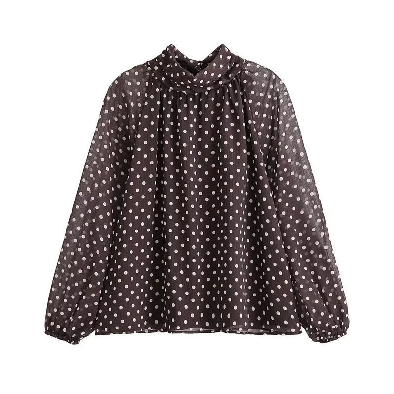 Damen Leichte Chiffonbluse mit Stehkragen, Volumenärmeln und Polka-Dot-Print Drune