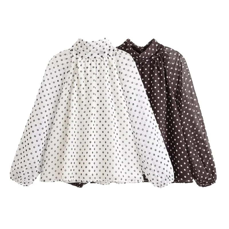 Damen Leichte Chiffonbluse mit Stehkragen, Volumenärmeln und Polka-Dot-Print Drune