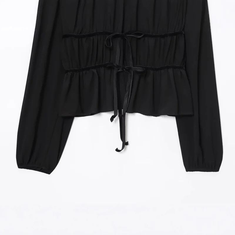 Damen Leichte Chiffon-Cropped-Bluse mit Rüschenkragen und Taillenbändern Drune