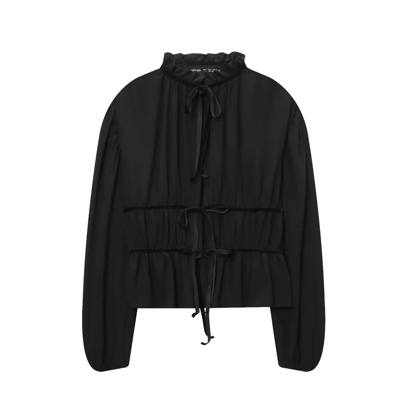 Damen Leichte Chiffon-Cropped-Bluse mit Rüschenkragen und Taillenbändern Drune