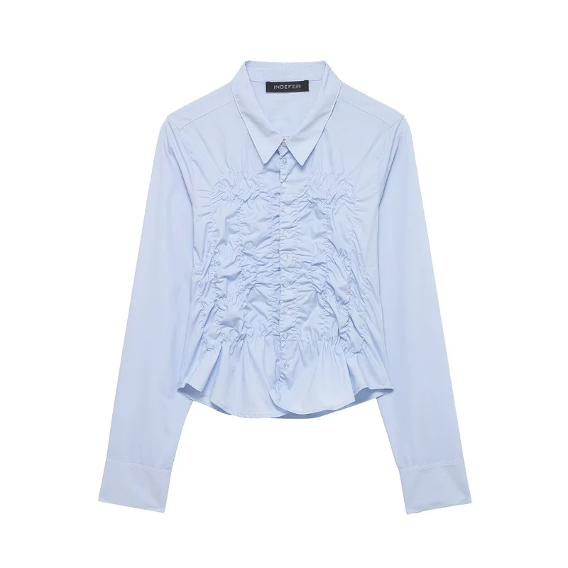 Damen leicht taillierte Hemdbluse mit Raffung und Volant-Peplum Drune
