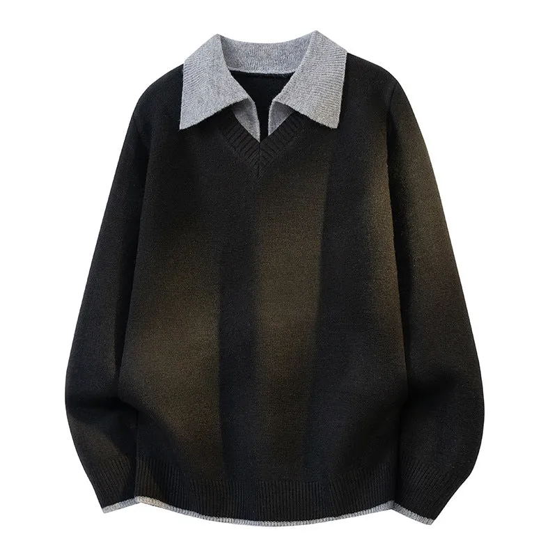 Unisex Oversize Strickpullover mit Kontrastpolokragen und V-Ausschnitt Drune