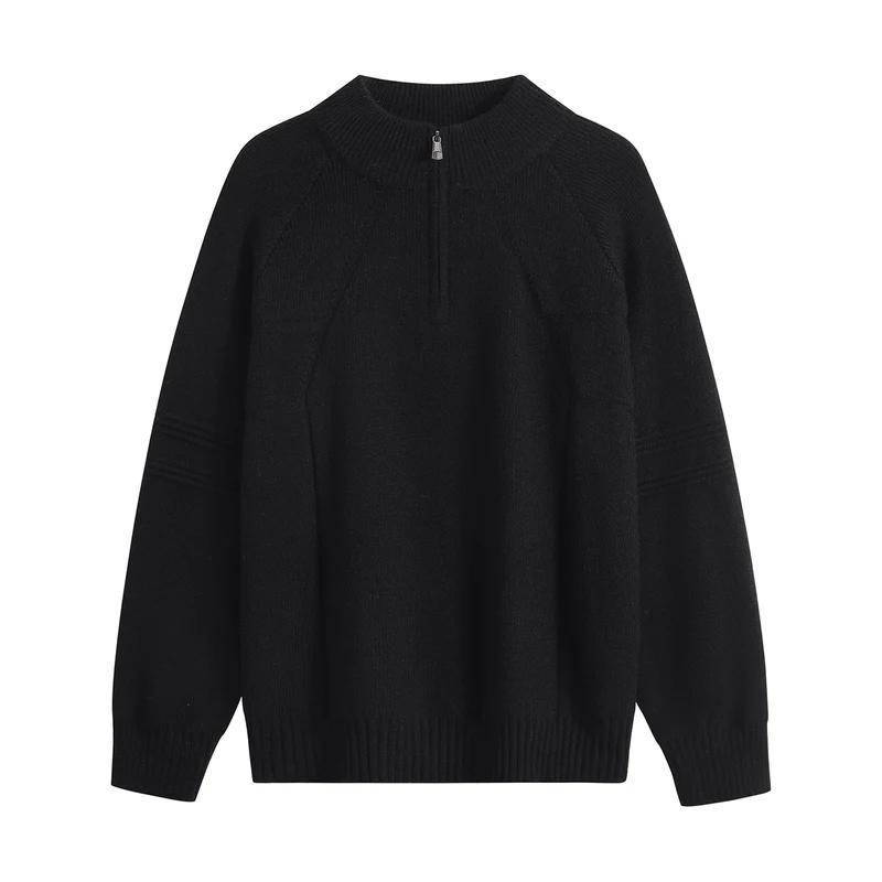 Unisex Oversize-Strickpullover mit Halbreißverschluss und geripptem Stehkragen Drune