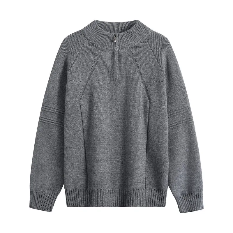 Unisex Oversize-Strickpullover mit Halbreißverschluss und geripptem Stehkragen Drune