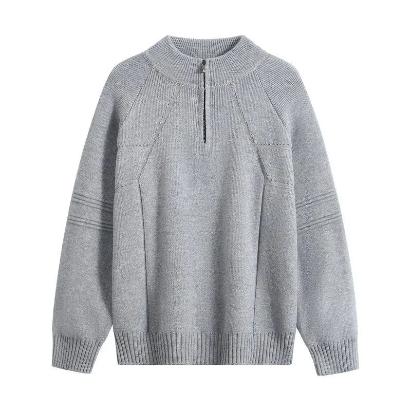 Unisex Oversize-Strickpullover mit Halbreißverschluss und geripptem Stehkragen Drune