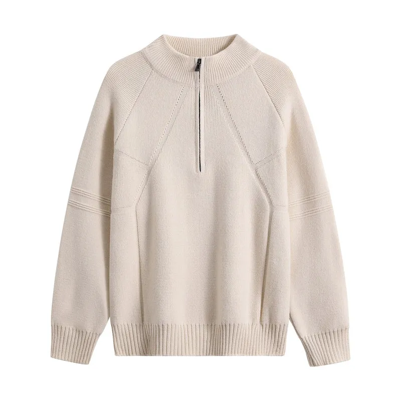 Unisex Oversize-Strickpullover mit Halbreißverschluss und geripptem Stehkragen Drune