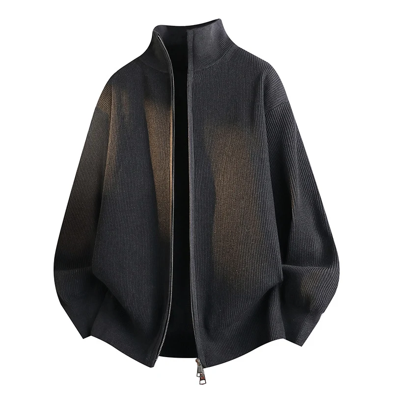 Unisex Oversize Strick-Zipjacke mit Stehkragen, gerippter Struktur & Zwei-Wege-Reißverschluss Drune