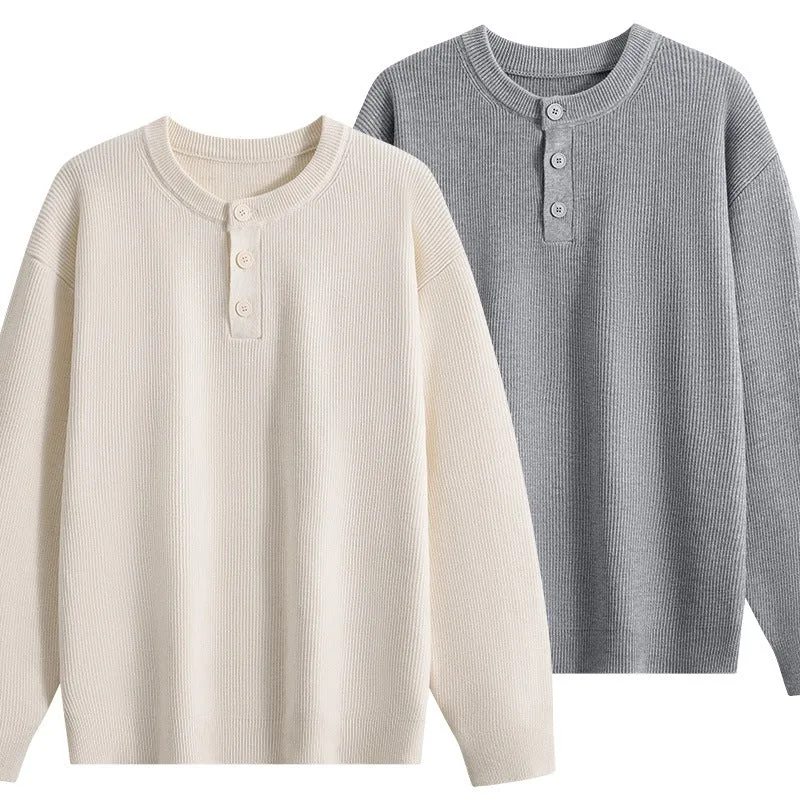 Unisex Oversize Rippstrick-Henley-Pullover mit 3‑Knopf-Leiste Drune