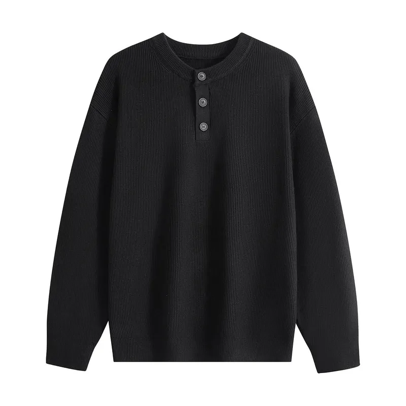 Unisex Oversize Rippstrick-Henley-Pullover mit 3‑Knopf-Leiste Drune