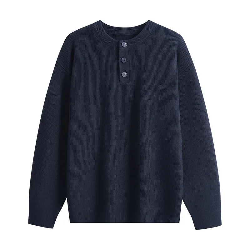 Unisex Oversize Rippstrick-Henley-Pullover mit 3‑Knopf-Leiste Drune