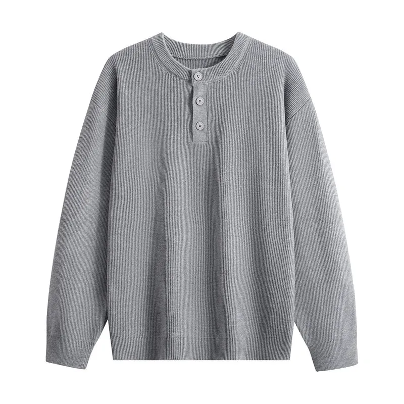 Unisex Oversize Rippstrick-Henley-Pullover mit 3‑Knopf-Leiste Drune