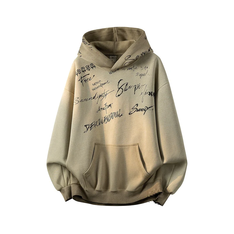 Unisex Oversize Kapuzenpullover mit handschriftlichem Grafik-Print, Kängurutasche & geripptem Saum Drune