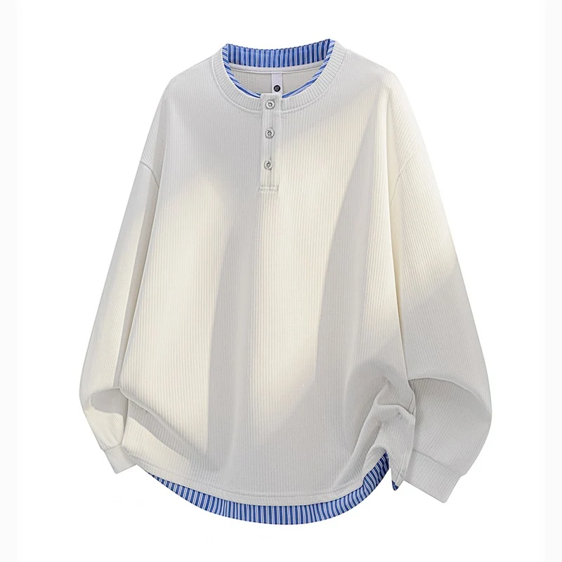 Unisex Oversize Henley-Langarmshirt mit Rippenstruktur und Einsatzlayer Drune