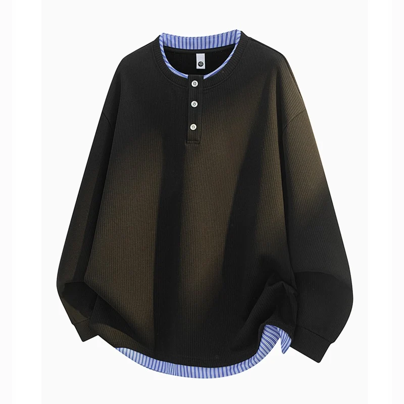 Unisex Oversize Henley-Langarmshirt mit Rippenstruktur und Einsatzlayer Drune
