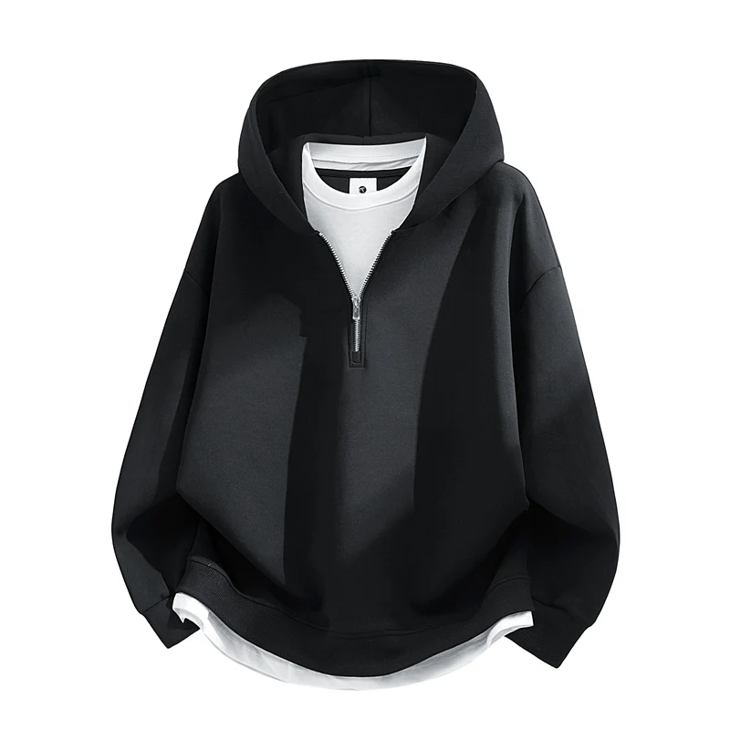 Unisex Oversize-Halbzip-Kapuzenpullover mit Lagen‑Optik, gerundetem Saum & gerippten Bündchen Drune