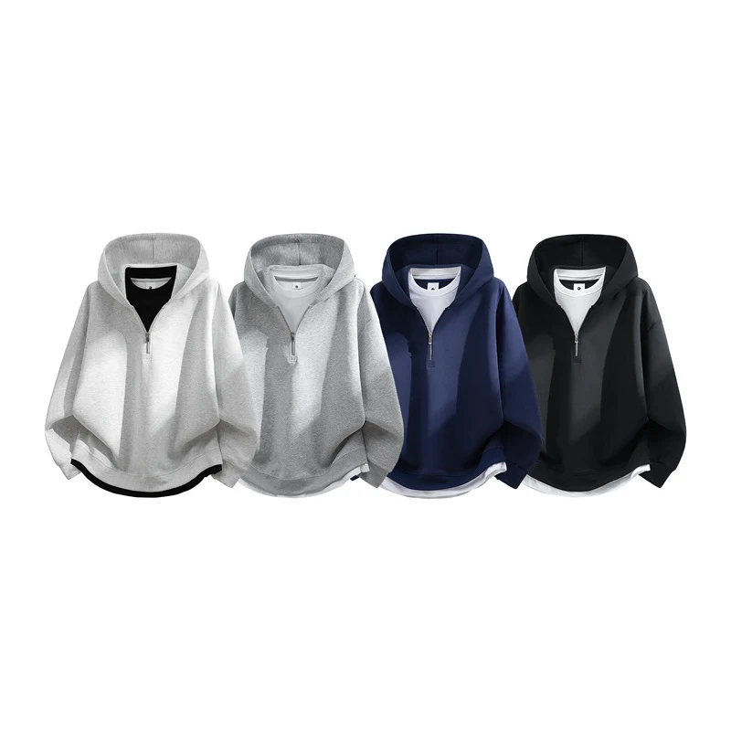 Unisex Oversize-Halbzip-Kapuzenpullover mit Lagen‑Optik, gerundetem Saum & gerippten Bündchen Drune