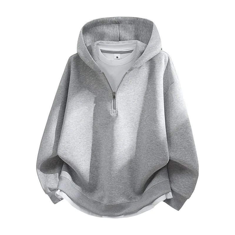 Unisex Oversize-Halbzip-Kapuzenpullover mit Lagen‑Optik, gerundetem Saum & gerippten Bündchen Drune