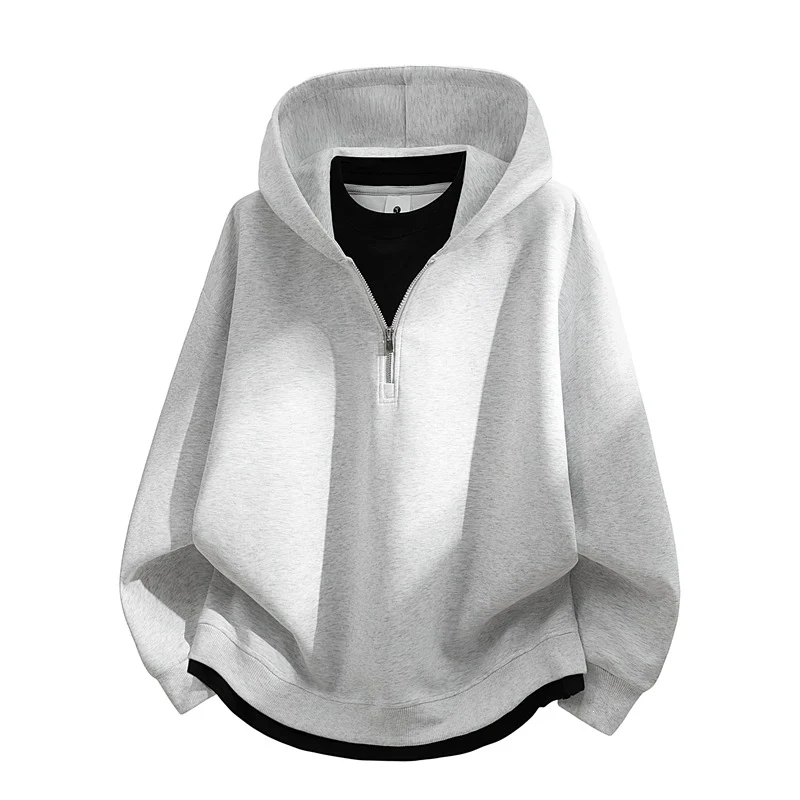 Unisex Oversize-Halbzip-Kapuzenpullover mit Lagen‑Optik, gerundetem Saum & gerippten Bündchen Drune