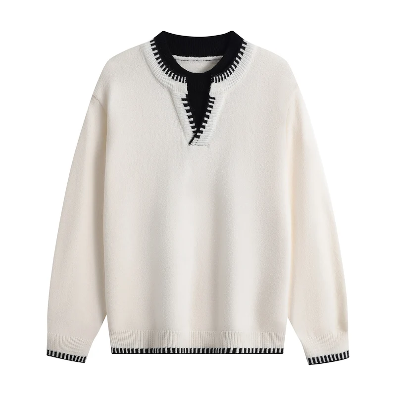 Unisex Oversize-Feinstrickpullover mit V-Notch & kontrastiertem Rippenkragen Drune