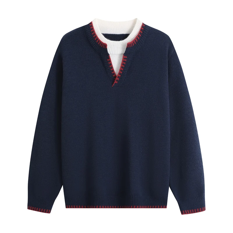 Unisex Oversize-Feinstrickpullover mit V-Notch & kontrastiertem Rippenkragen Drune