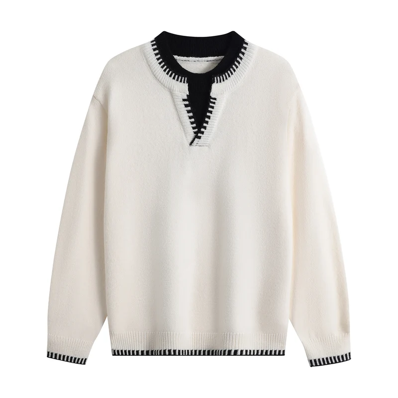 Unisex Oversize-Feinstrickpullover mit V-Notch & kontrastiertem Rippenkragen Drune