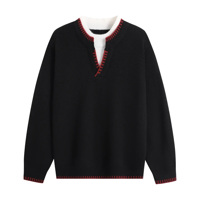 Unisex Oversize-Feinstrickpullover mit V-Notch & kontrastiertem Rippenkragen Drune