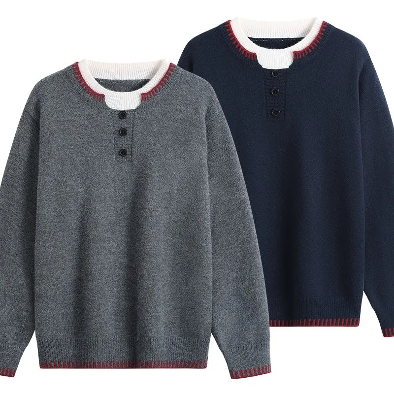 Unisex Feinstrick-Henley-Pullover mit kontrastreichem Rippkragen & Dreiknopfleiste Drune