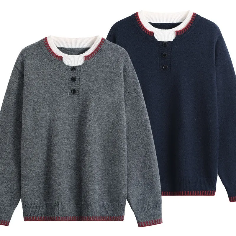 Unisex Feinstrick-Henley-Pullover mit kontrastreichem Rippkragen & Dreiknopfleiste Drune