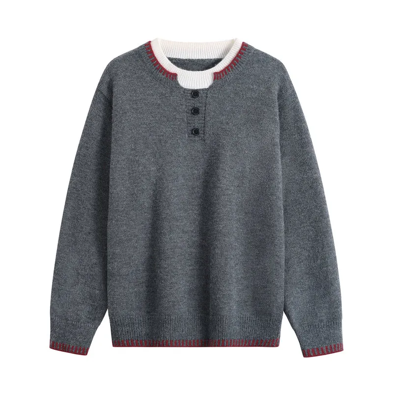 Unisex Feinstrick-Henley-Pullover mit kontrastreichem Rippkragen & Dreiknopfleiste Drune