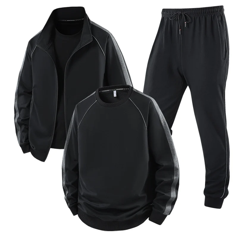 [Herren] Zweiteiliges Trainingsset mit Stehkragen-Zipjacke, Rundhals‑Sweatshirt und konisch geschnittener Jogginghose aus atmungsaktivem Fleece Drune