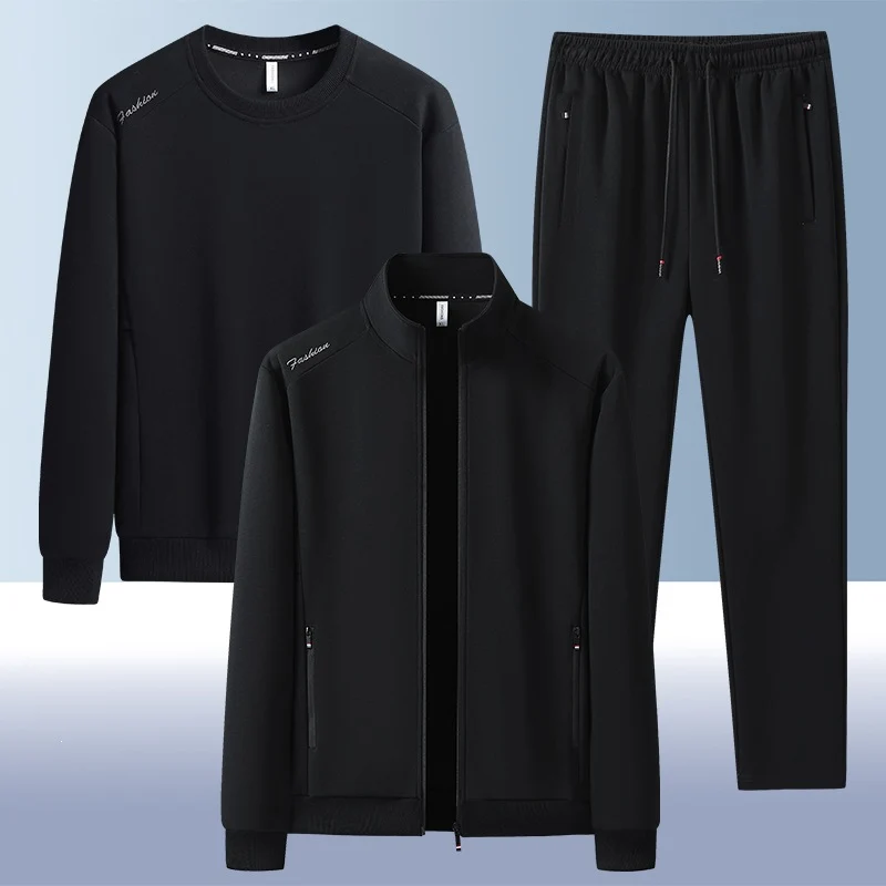 [Herren] Zweiteiliges Trainingsset mit Stehkragen-Zipjacke, Rundhals‑Sweatshirt und konisch geschnittener Jogginghose aus atmungsaktivem Fleece Drune