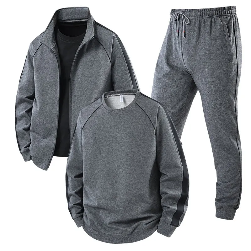 [Herren] Zweiteiliges Trainingsset mit Stehkragen-Zipjacke, Rundhals‑Sweatshirt und konisch geschnittener Jogginghose aus atmungsaktivem Fleece Drune