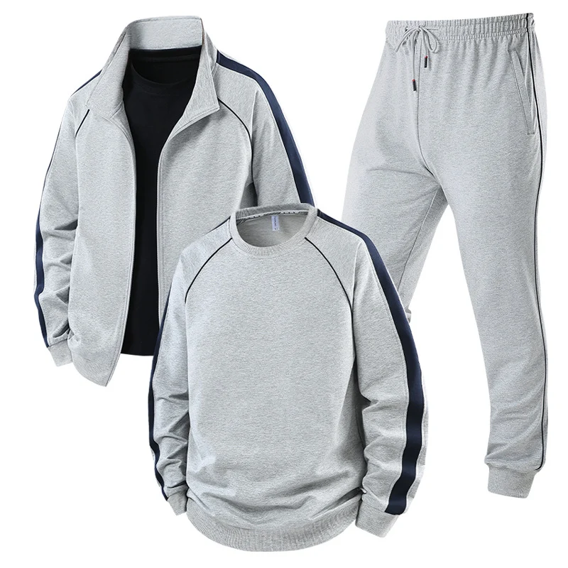 [Herren] Zweiteiliges Trainingsset mit Stehkragen-Zipjacke, Rundhals‑Sweatshirt und konisch geschnittener Jogginghose aus atmungsaktivem Fleece Drune
