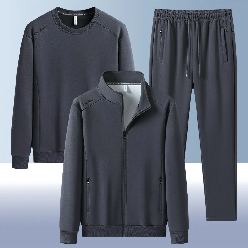 [Herren] Zweiteiliges Trainingsset mit Stehkragen-Zipjacke, Rundhals‑Sweatshirt und konisch geschnittener Jogginghose aus atmungsaktivem Fleece Drune