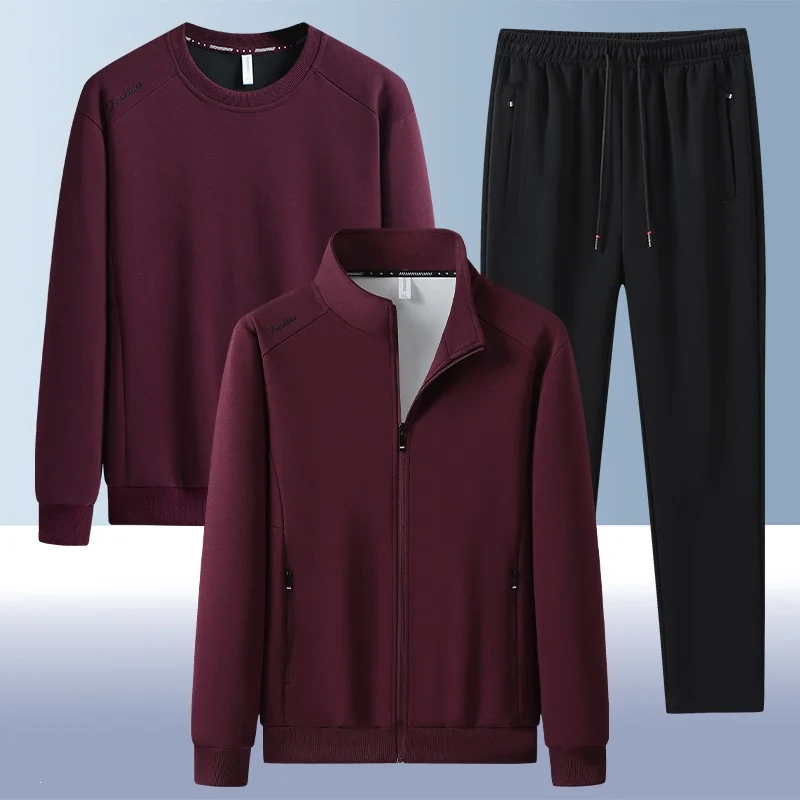 [Herren] Zweiteiliges Trainingsset mit Stehkragen-Zipjacke, Rundhals‑Sweatshirt und konisch geschnittener Jogginghose aus atmungsaktivem Fleece Drune