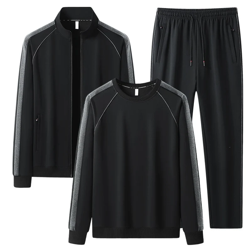 [Herren] Zweiteiliges Trainingsset mit Stehkragen-Zipjacke, Rundhals‑Sweatshirt und konisch geschnittener Jogginghose aus atmungsaktivem Fleece Drune