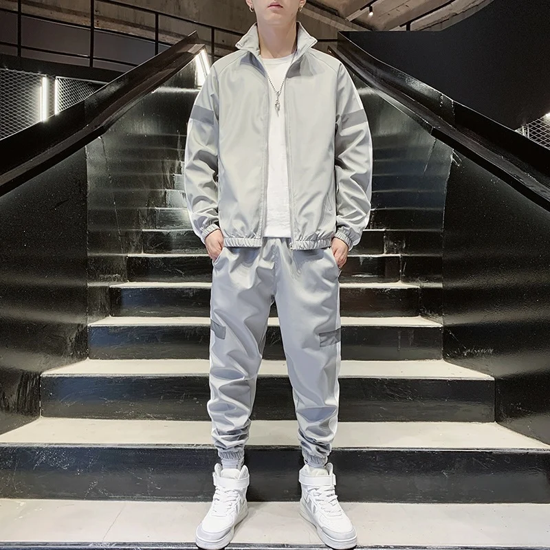 Herren Zweiteiliges Streetwear-Trainingsset mit Stehkragen, Kontraststreifen & reflektierenden Einsätzen Drune