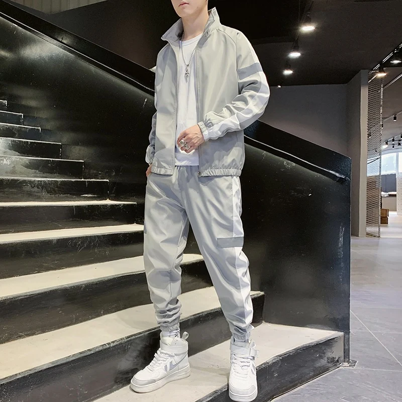 Herren Zweiteiliges Streetwear-Trainingsset mit Stehkragen, Kontraststreifen & reflektierenden Einsätzen Drune
