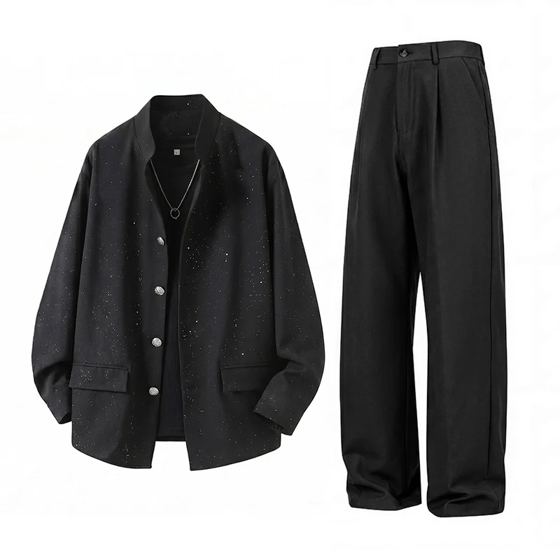 Herren Zweiteiliges Oversize-Lounge-Set mit gesprenkelter Übergangsjacke und weiter Bundfaltenhose Drune