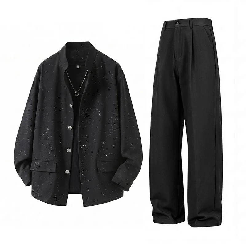 Herren Zweiteiliges Oversize-Lounge-Set mit gesprenkelter Übergangsjacke und weiter Bundfaltenhose Drune