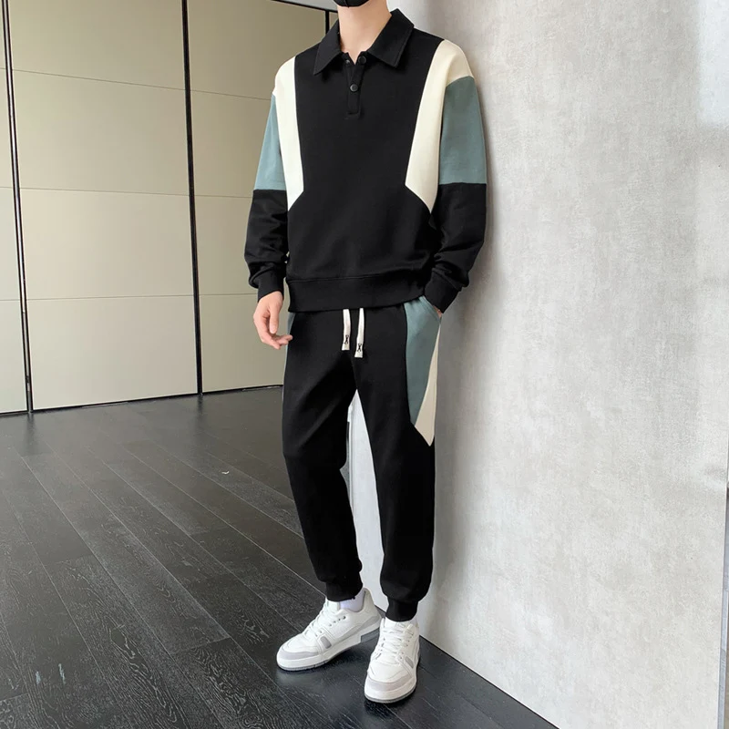 Herren Zweiteiliges Colorblock-Trainingsset mit Polokragen & konischer Jogginghose Drune