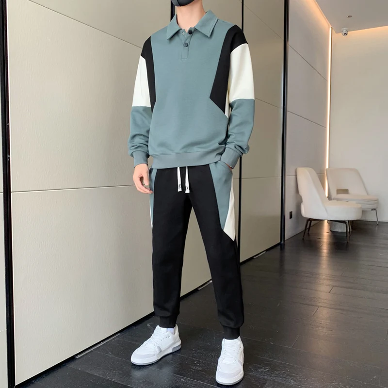 Herren Zweiteiliges Colorblock-Trainingsset mit Polokragen & konischer Jogginghose Drune