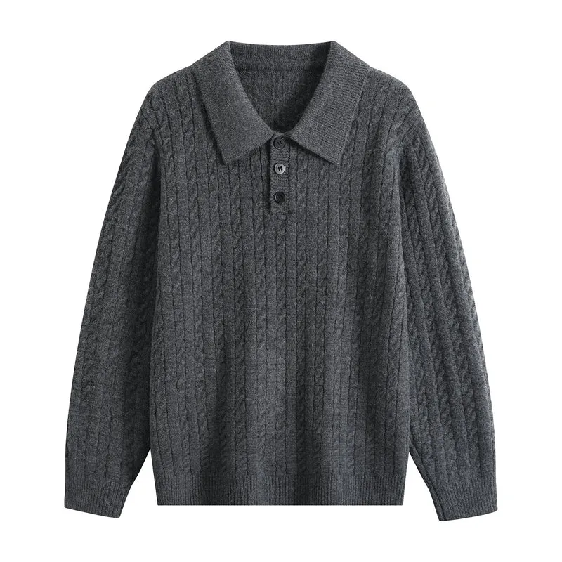 Herren Zopfstrick-Polopullover mit Polokragen, halber Knopfleiste & relaxed Schnitt Drune