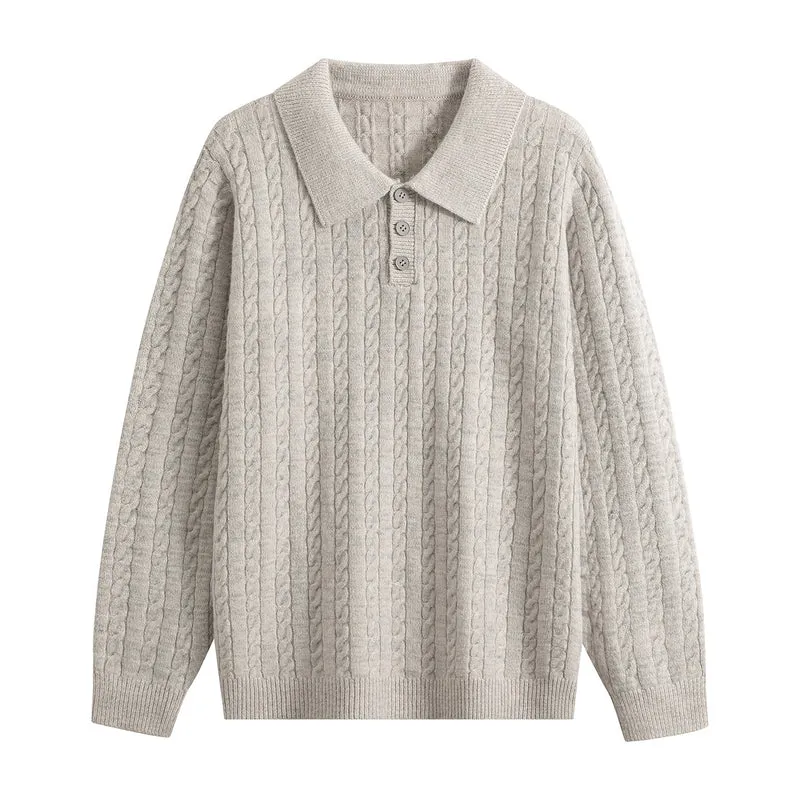 Herren Zopfstrick-Polopullover mit Polokragen, halber Knopfleiste & relaxed Schnitt Drune