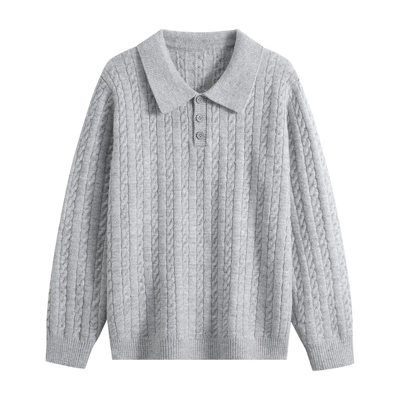 Herren Zopfstrick-Polopullover mit Polokragen, halber Knopfleiste & relaxed Schnitt Drune